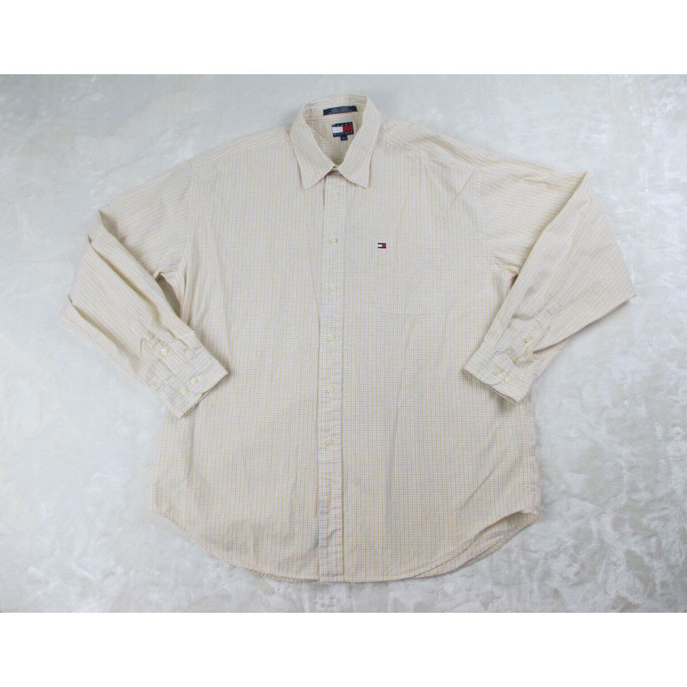 Tommy Hilfiger Shirt Mens Extra Large Yellow Button Up Plaid Long Sleeve Casual